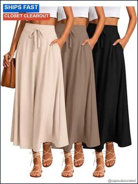 Women's 3 Pack Maxi Skirts with Pockets High Waist A-Line Long